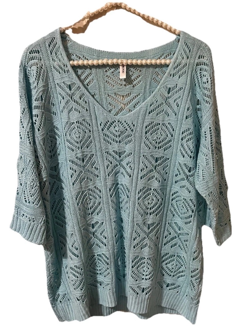 Dokotoo M turquoise Crochet Knit Top Open Knit Sweater Lightweight Boho Layering
